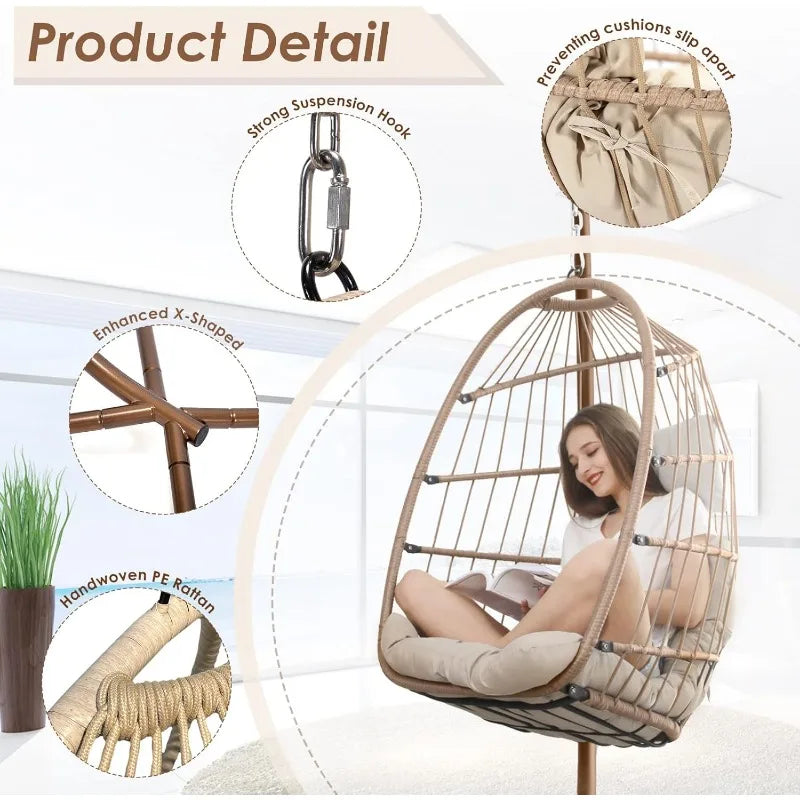 Hanging Egg Chair with Stand. Outdoor Swinging Chair.  Foldable Basket for Indoor Bedroom Patio Garden 350lbs Capacity (Beige
