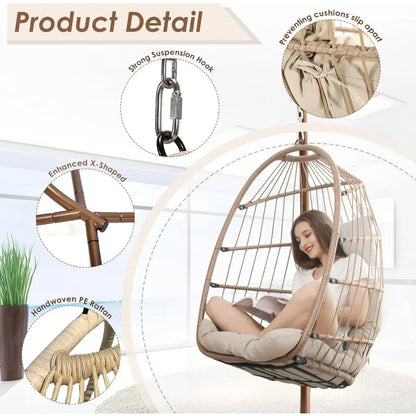 Hanging Egg Chair with Stand. Outdoor Swinging Chair.  Foldable Basket for Indoor Bedroom Patio Garden 350lbs Capacity (Beige