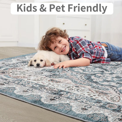 Area Rugs for most rooms in your home Machine Washable Vintage Rug, Non-Slip Low Pile Throw Rugs with Rubber Backing