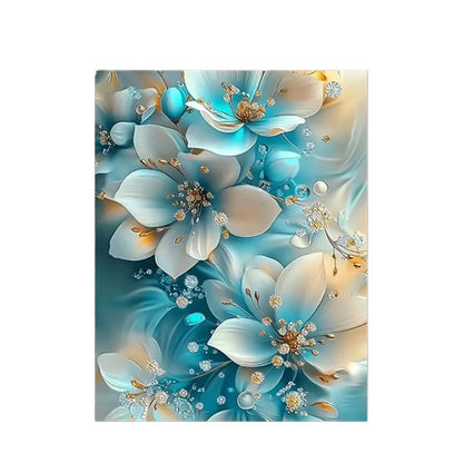Elegant Oil Painting Artwork Framed Serene Blue and White Flowers with Gold Accents