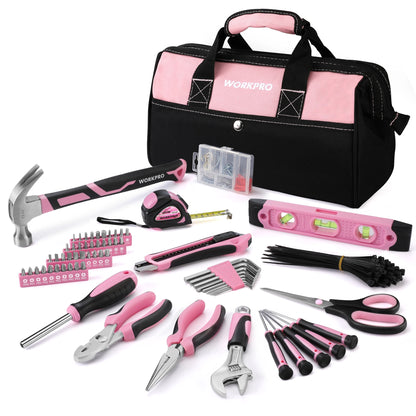 Pink Tool Kit, 263-Piece Home Repairing Tool Set with Wide Mouth Open Storage Bag, Household Tool Kit - Pink Ribbon