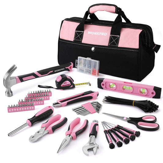 Pink Tool Kit, 263-Piece Home Repairing Tool Set with Wide Mouth Open Storage Bag, Household Tool Kit - Pink Ribbon