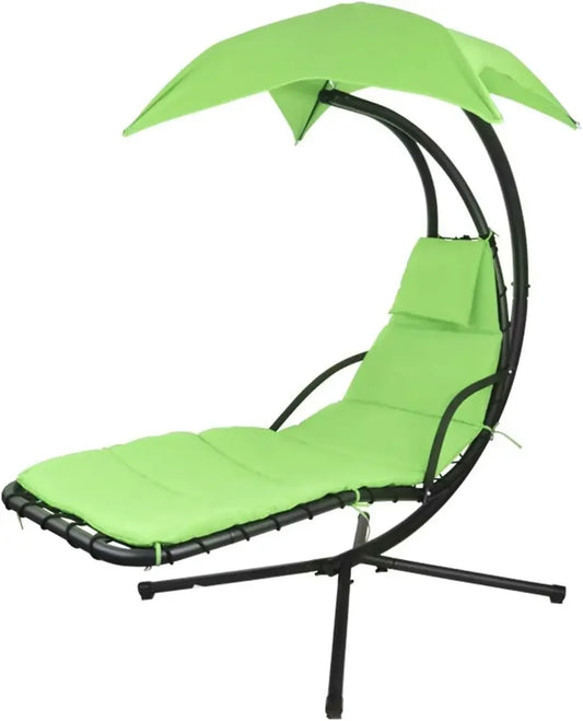 Patio Hanging Chaise Outdoor Lounger Padded Cushion Swing Hammock Chair w/Sun Shade Canopy Umbrella Stand [Green]