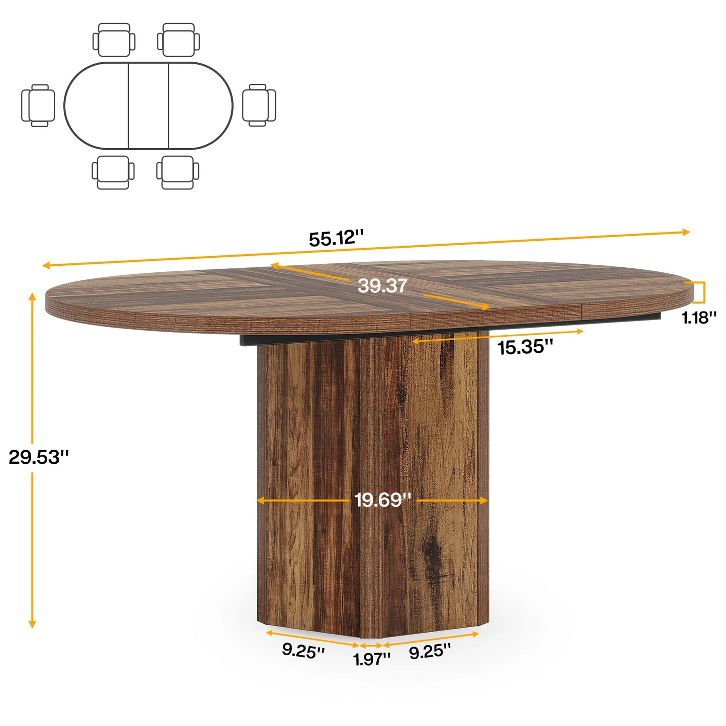 55.12 Inches Oval Dining Table for 4-6 People, Wood Kitchen or Family Room Table, Rustic Home Furniture