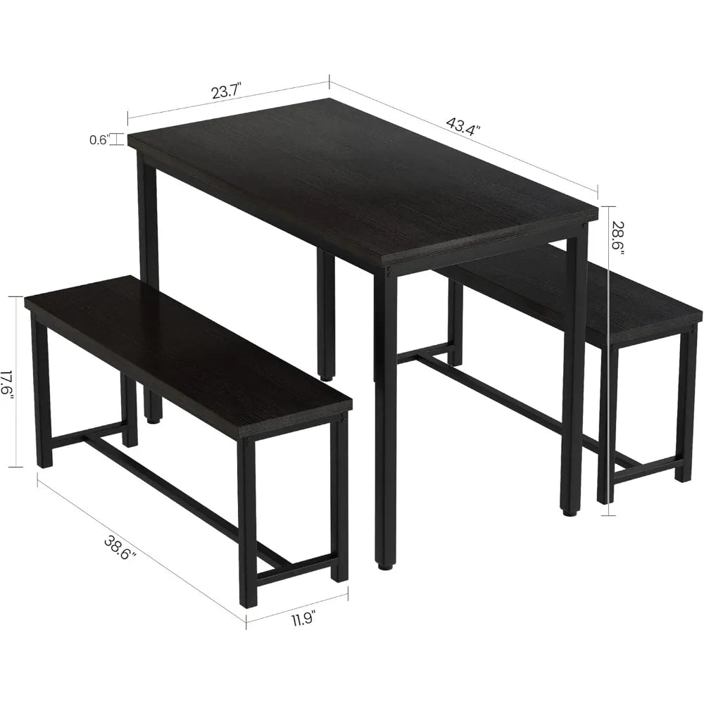 Dining Table Set for 4 Kitchen Table Set with 2 Dining Benches, 3 Piece Farmhouse Dining Room Table Set