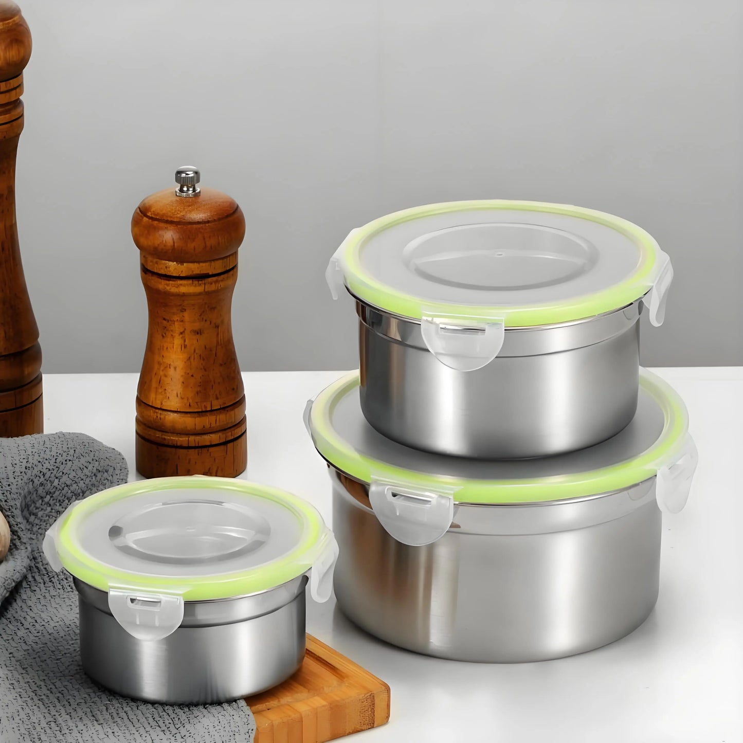 Steel Meal Prep Set - 3-Piece Round Containers ✔Leakproof & Dishwasher Safe (Office/Gym FreshLock Seal)