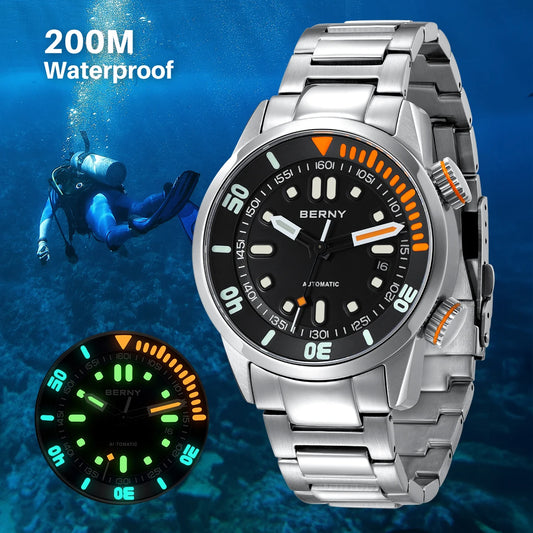 Automatic Dive Watch for Men Super Luminous Original Design 20ATM Diver Wristwatch Sapphire, Local Warehouse Fast Delivery