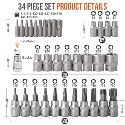 34Pcs Torx Star Sockets & Bit Set Male / Female E- Security Bits Drive Handheld Tool Torque Star Socket with Blue Case