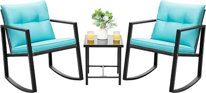 Rocking Bistro Set Patio Outdoor Furniture Porch Chairs Conversation Sets with Glass Coffee Table