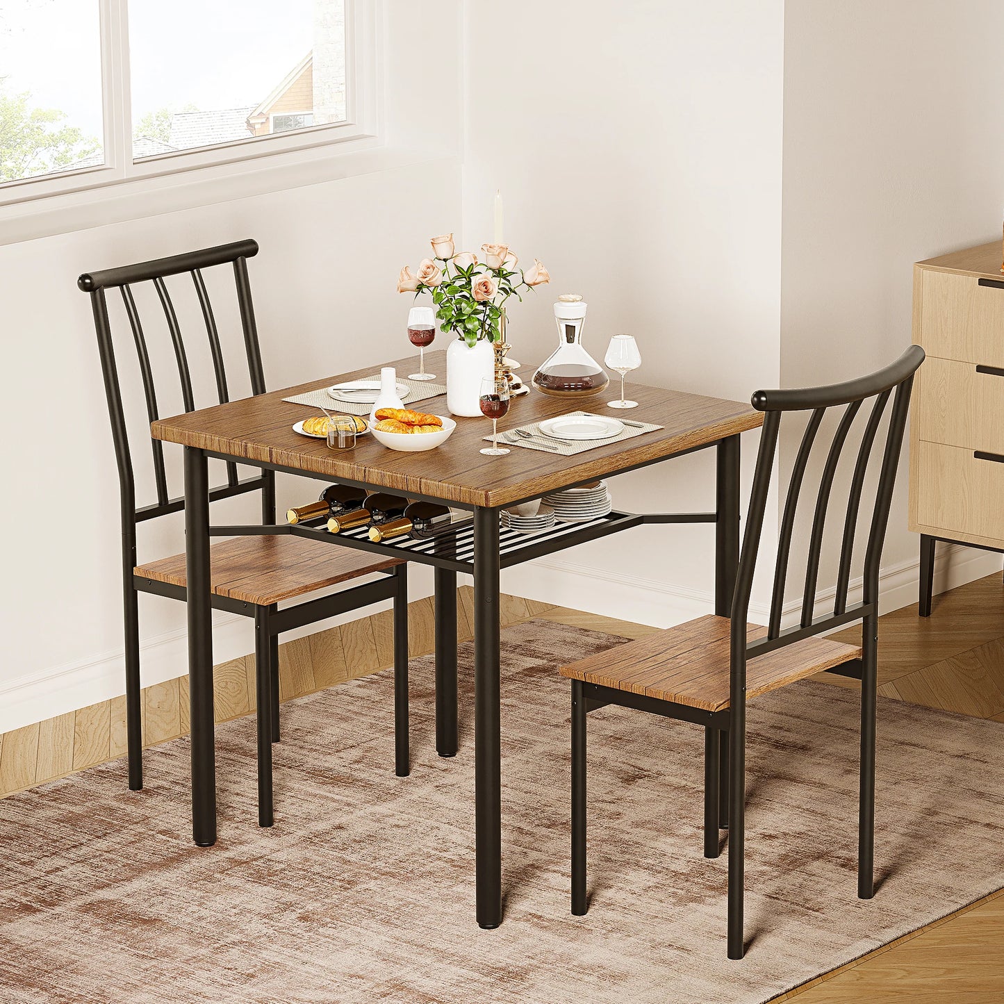 Dining Table Set for 2 with Wine Rack, Kitchen Table and Chairs for 2, Square Kitchen or Family Room Table