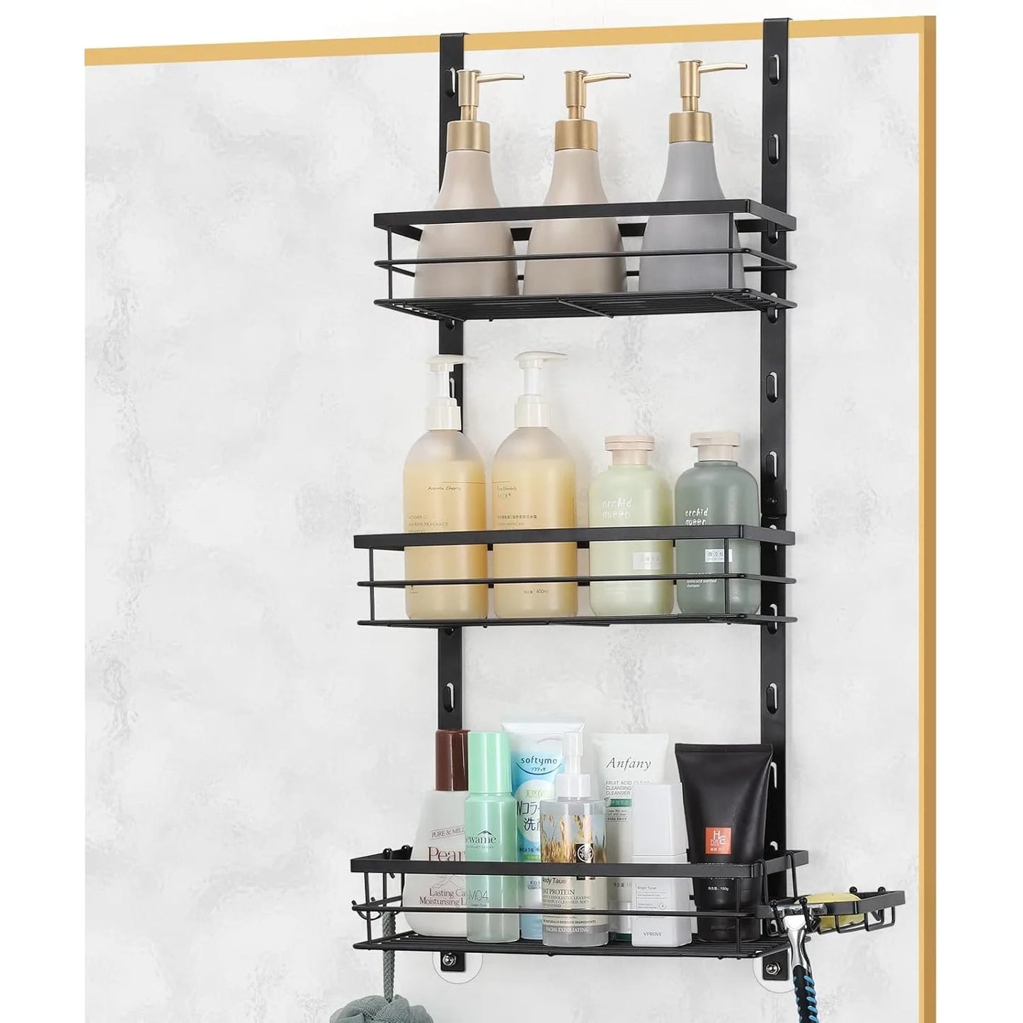 Over-Door Adjustable Rustproof Shower Caddy with Shelves & Hooks Shampoo & Soap Holder for Bathroom & Kitchen Storage - Black