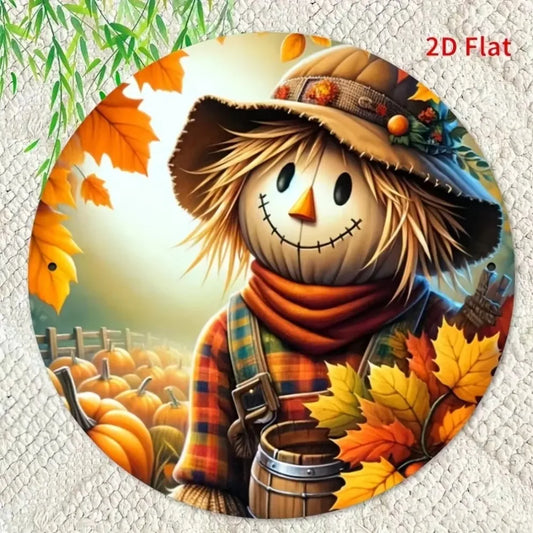 1pc 2D Flat Scarecrow Metal Sign – Cute Aluminum Art in Autumn Basket, Ideal for Halloween Farm Garland Decor & Room Art